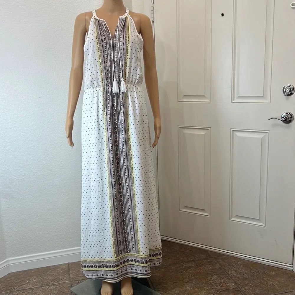 C Dress Size Small Tassel Tie V Neck Sleeveless Maxi White Brown Yellow Lined